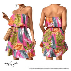 SHEIN Tropical Print Hot Pink Ruffle Hem Tube Dress - Hot Pink, Small